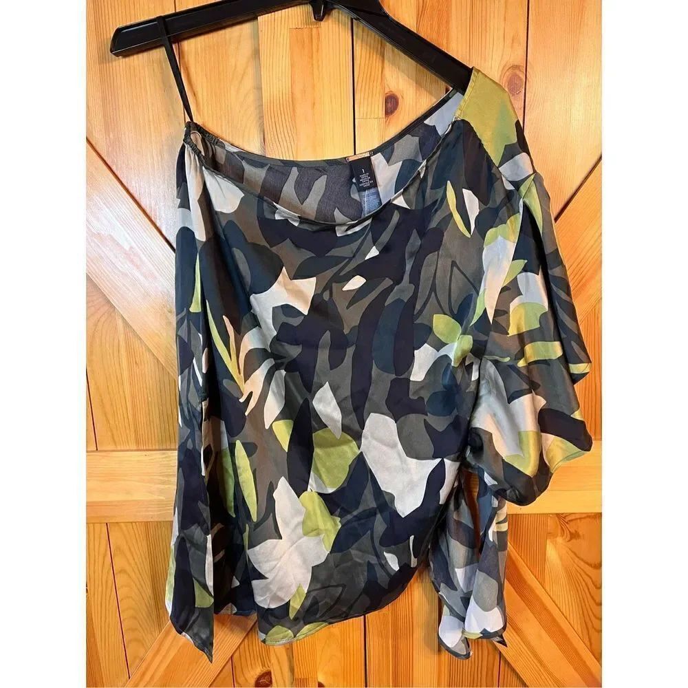 Chico's Black Label Silk One Shoulder Ruffle Top Size 1 Med nwt (2035)